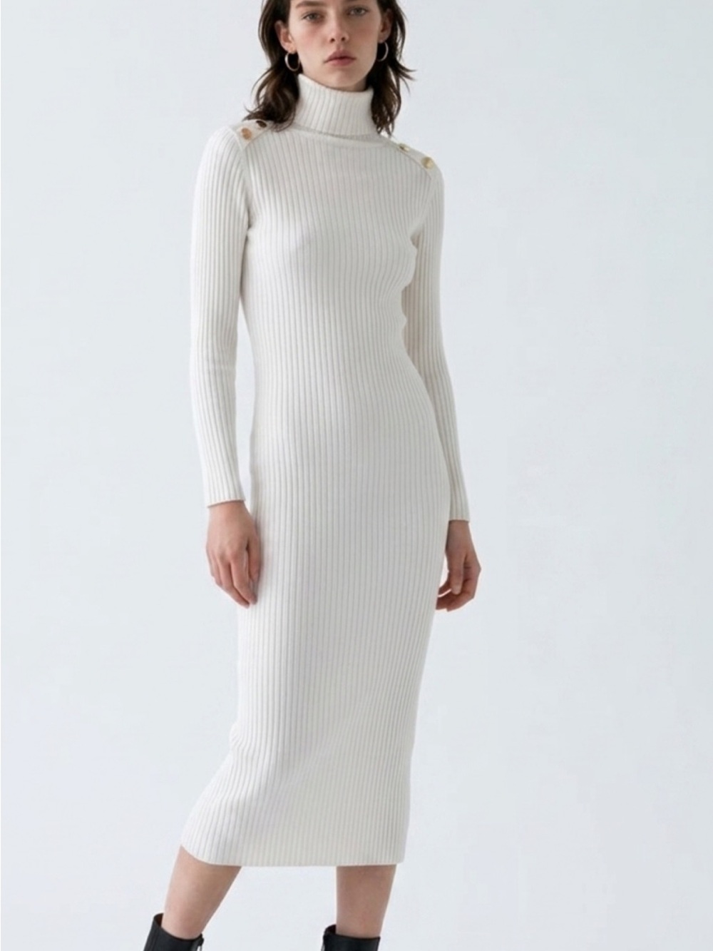 Zara Cream Ribbed Turtleneck Midi Dress with Shoulder Buttons